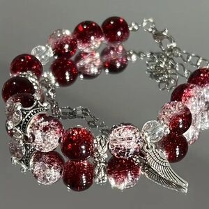 Dark Red Dream Crown Unique Charm Bracelet w Feather Pendant